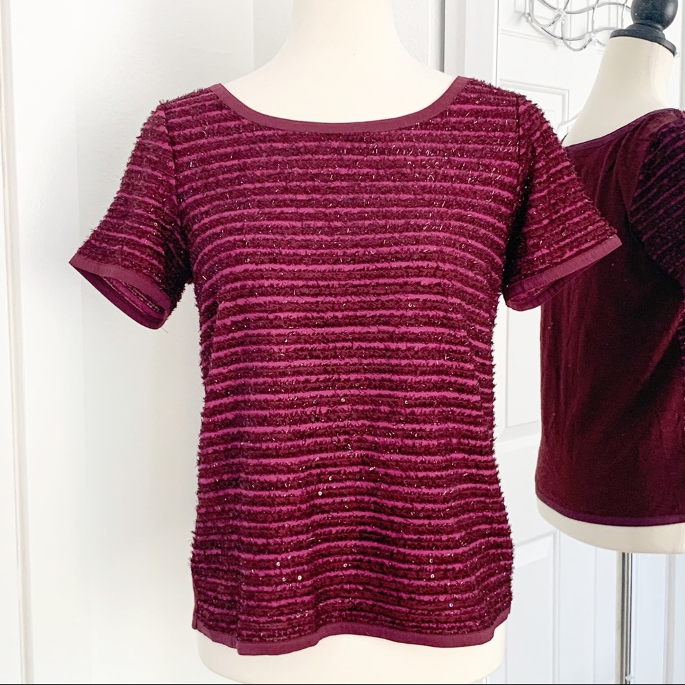 LOFT XS Short Sleeve Purple Fringe Sparkle Blouse